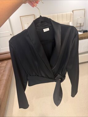 aritzia Satin Black Tie-Front Cropped Blazer